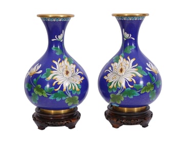 Pair Chinese Cloisonne Vases, Floral & Bird Design on Cobalt Blue Ground, 14 1/2"h x 10"w with