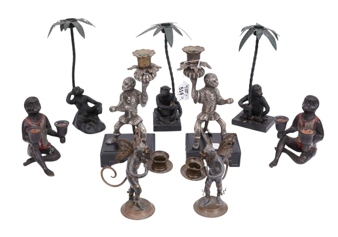 Lot of 9 Mixed Metal Monkey Candleholders, 10"h: Lot of 9 Mixed Metal Monkey Candleholders, 10"h