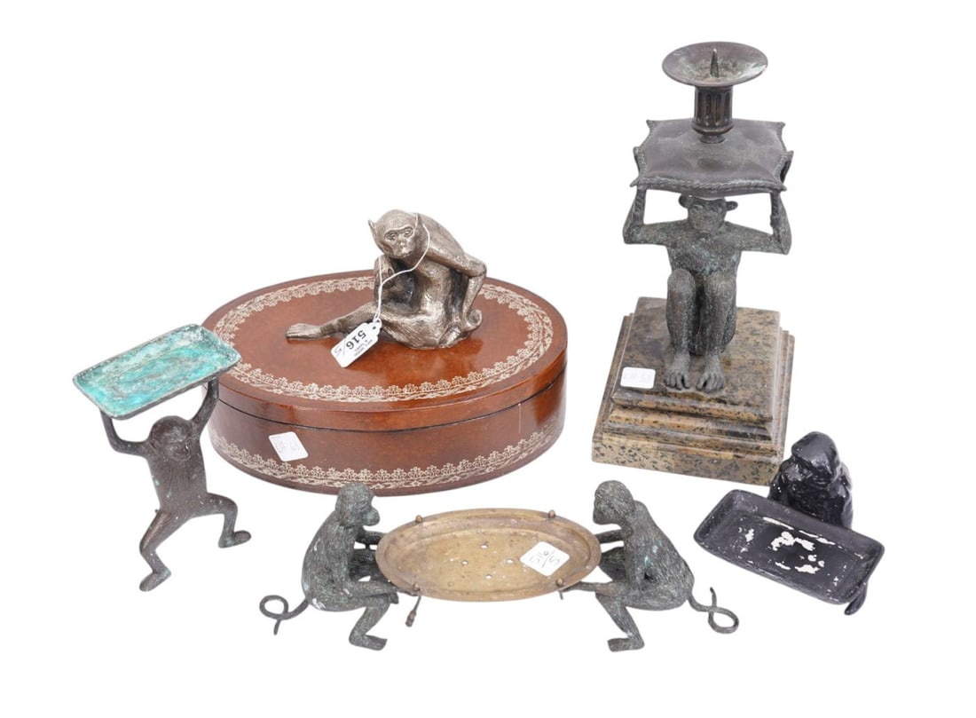 Lot 5 Monkey Tablewares Inc; Faux Leather Oval Box Monkey Attached at Top, Largest 13"h x 7"w x 6"d: Lot 5 Monkey Tablewares Inc; Faux Leather Oval Box Monkey Attached at Top, Largest 13"h x 7"w x 6"d