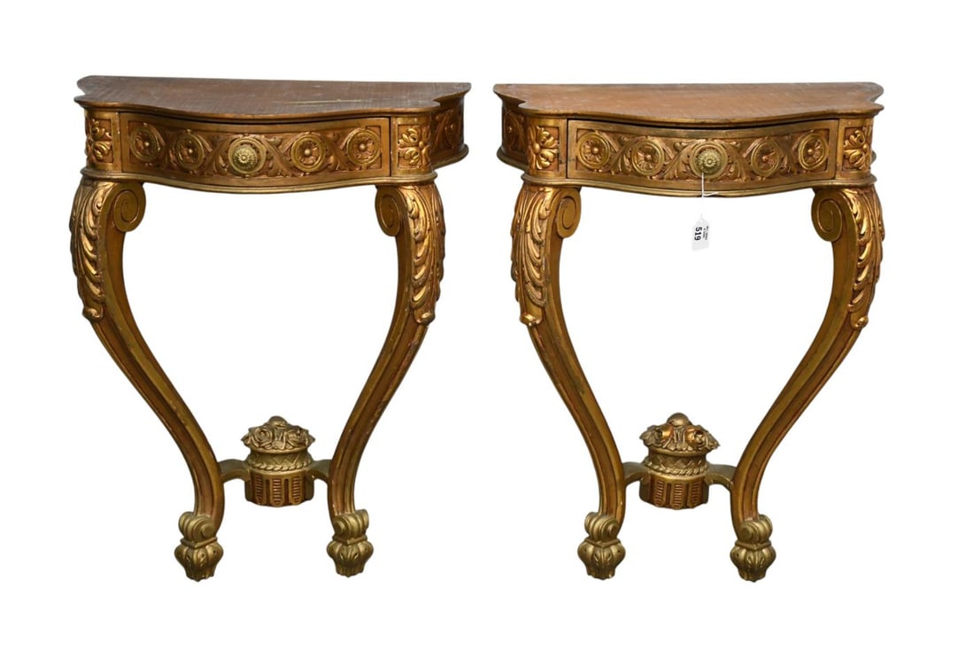 Pair Italian Small Tables With Single Drawers, Brackets Attaching to Walls, 29"h x 22"w x 15"d: Pair Italian Small Tables With Single Drawers, Brackets Attaching to Walls, 29"h x 22"w x 15"d (missing tops)