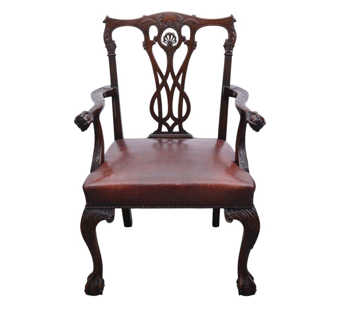 Chippendale Style Armchair, Intertwining Back Splat, Ball & Claw Handrests & Feet, Leather Seat,: Chippendale Style Armchair, Intertwining Back Splat, Ball & Claw Handrests & Feet, Leather Seat, 59"h x 28"w x 18"d***If this item is not picked up by the Friday following the auction, it will be