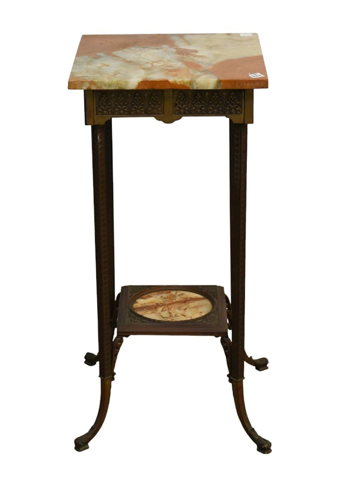 Victorian Pedestal Table, Onyx Top Over Lower Shelf on Brass/Bronze Frame, 32"h x 15"square (as is: Victorian Pedestal Table, Onyx Top Over Lower Shelf on Brass/Bronze Frame, 32"h x 15"square (as is lower shelf)***If this item is not picked up by the Friday following the auction, it will be moved