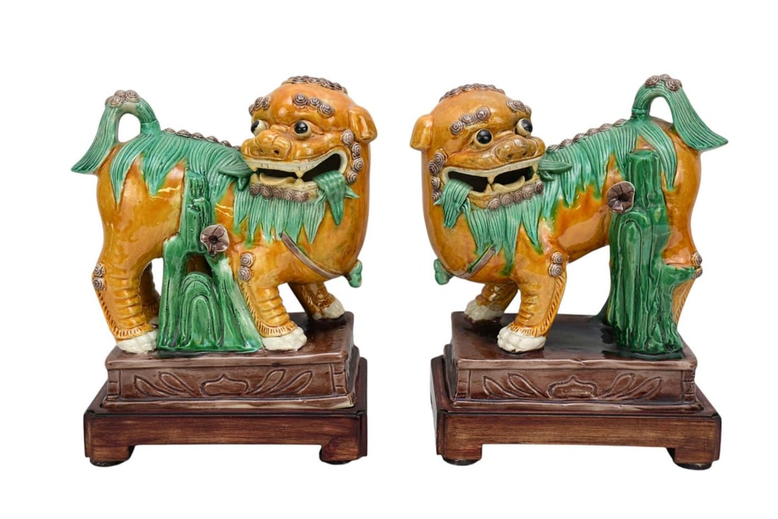 Pair Majolica Glazed Foo Dogs, 10"h x 8"w: Pair Majolica Glazed Foo Dogs, 10"h x 8"w