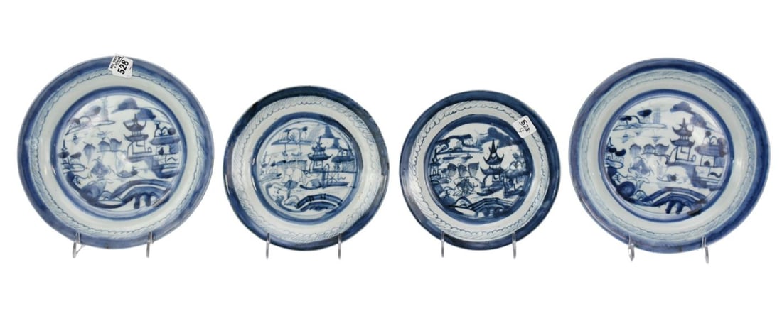 Four 19th c. Canton Plates, 2 Pairs, 10"dia & 8 1/2"dia: Four 19th c. Canton Plates, 2 Pairs, 10"dia & 8 1/2"dia