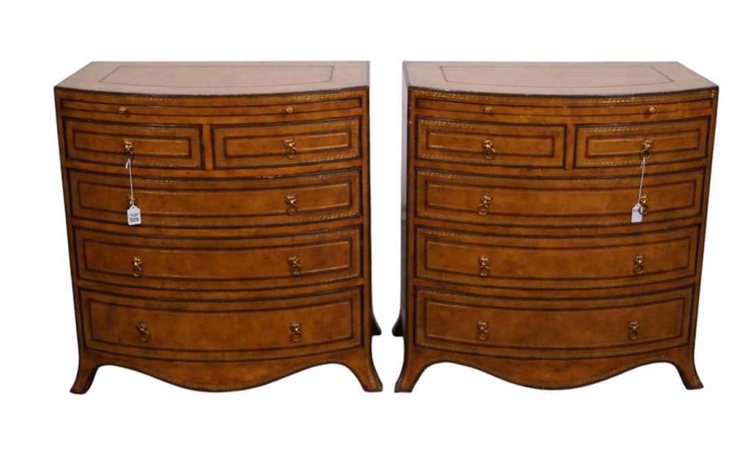 Pair MAITLAND SMITH Bowed Front Chests, Slides Above Drawers With Tooled Leather Designs, 30"H x: Pair MAITLAND SMITH Bowed Front Chests, Slides Above Drawers With Tooled Leather Designs, 30"H x 28"w x 18"d