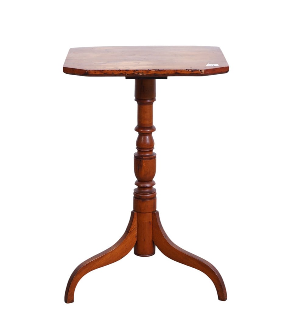 American 19th C. Cherry Candlestand on Turned Column on 3 Downswept Legs 27 1/2" x17 1/2" sq. (1 of 6)