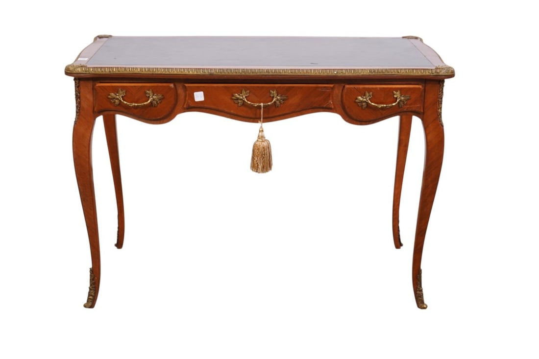 French Style Writing Desk with Gilt Metal Mounts and Black Leather Surface, 30"h x 42 1/2"w x 23"d (1 of 9)