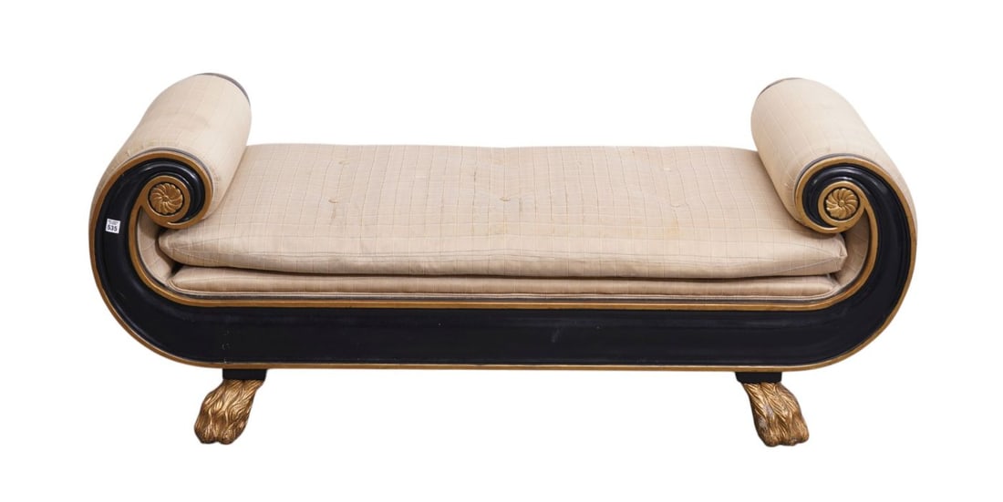 Neo Classical Chaise with Gilded Accents & Black Silk Upholstery (worn), 25"h x 59"w x 23"d ***If: Neo Classical Chaise with Gilded Accents & Black Silk Upholstery (worn), 25"h x 59"w x 23"d***If this item is not picked up by the Friday following the auction, it will be moved to offsite storage and