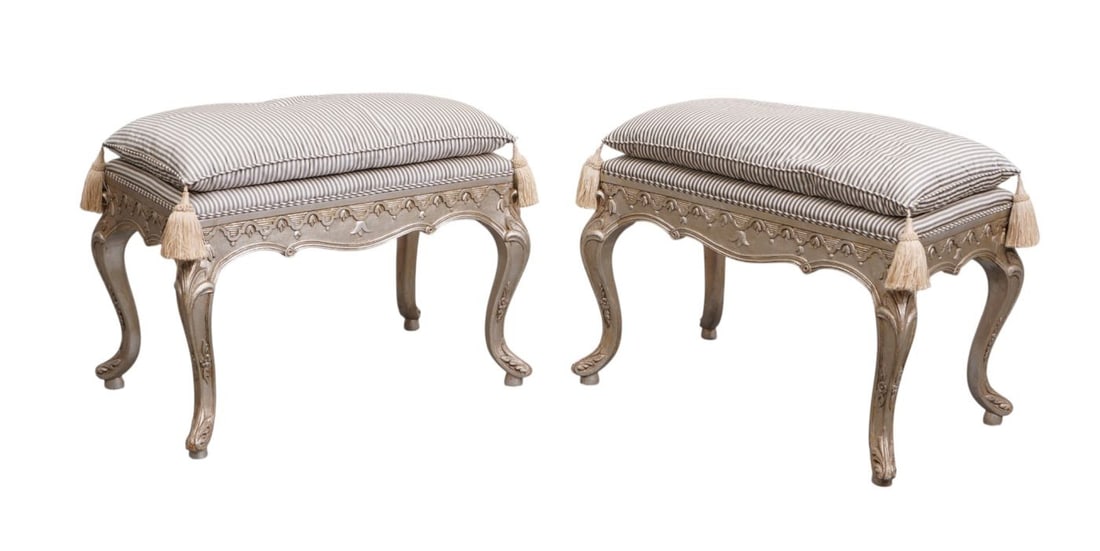 Pr. Of Silvered Wood Stools with Carved Floral Design, Gray and White Silk Striped Upholstery, 19 (1 of 6)