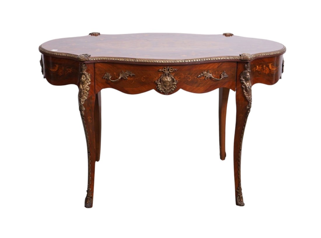 Center Table French Mahogany Inlay, Birds and Floral Design on Overall Surface with Heavy Gilt Metal (1 of 9)
