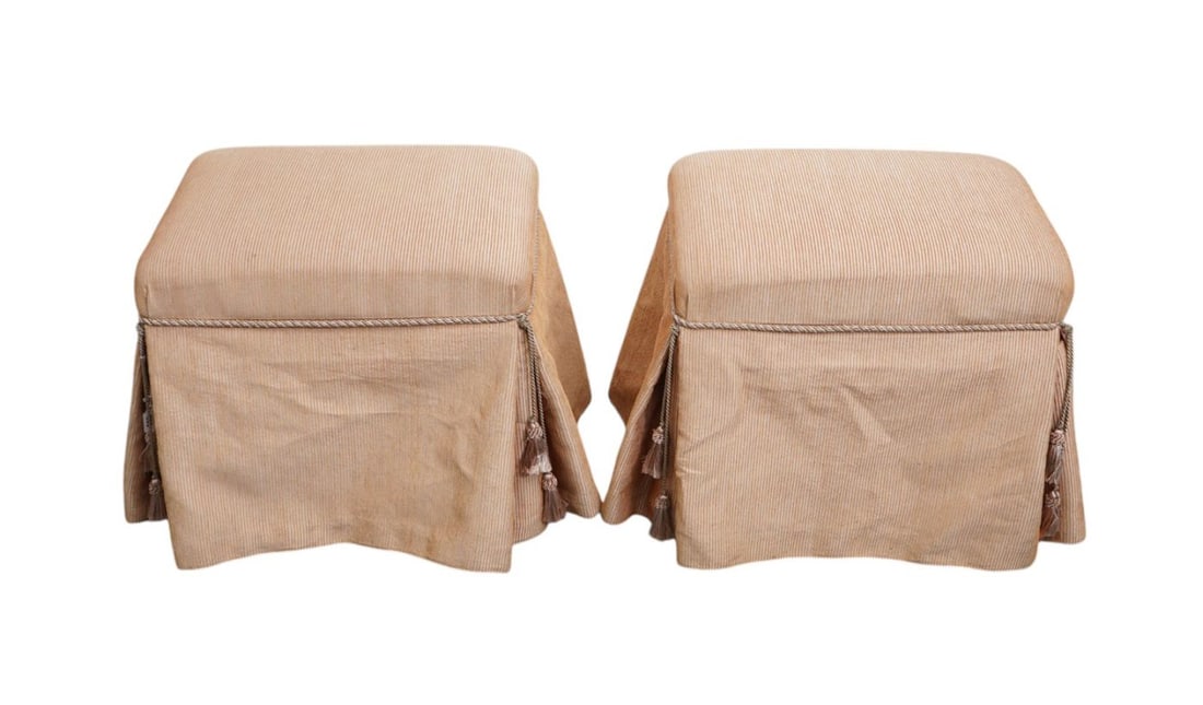 Pair Vintage Bamboo Motif Stools, Painted White With Upholstered Skirts in Striped Fabric, 21"h x (1 of 3)