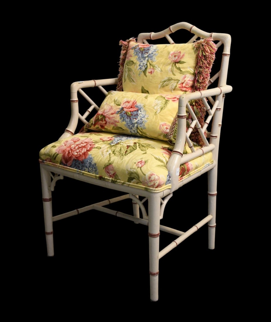 Bamboo Style Arm Chair with Yellow Floral Upholstery ***If this item is not picked up by the Friday: Bamboo Style Arm Chair with Yellow Floral Upholstery***If this item is not picked up by the Friday following the auction, it will be moved to offsite storage and pickup will be by appointment only, wi