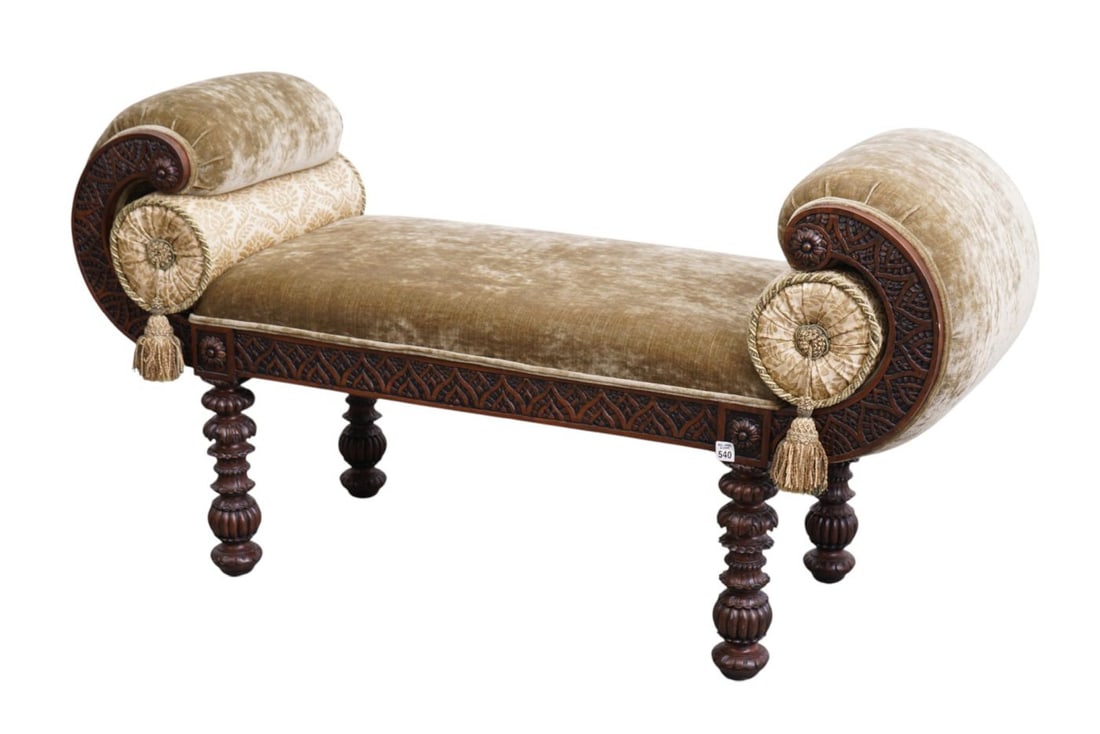 American Empire Style Chaise Lounge, 19th c, Features Ornate Carved Wood Detailing and Olive Green (1 of 8)