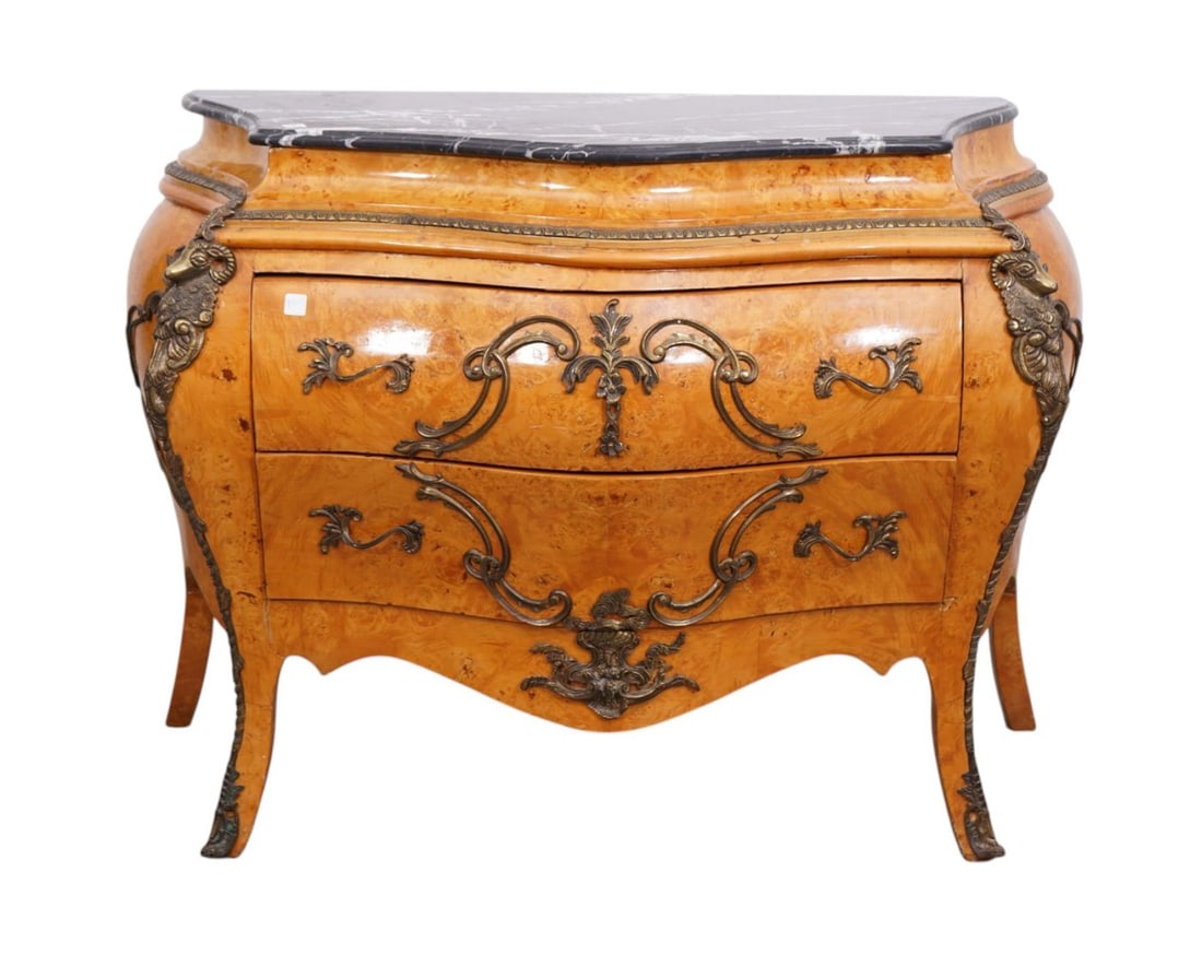 Fine Reproduction Bombay 2 Drawer Chest Burled Lightwood (some cracks) with Gilt Metal Mounts and (1 of 7)