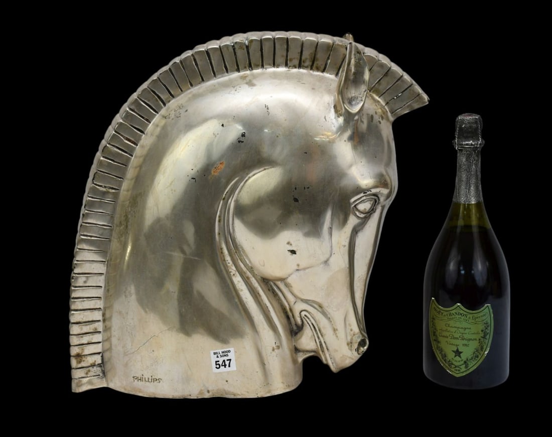 Silvered Metal Trojan Horse Head Sculpture, Signed Philips, 15 1/2"h x 15"w x 6"d (1 of 5)