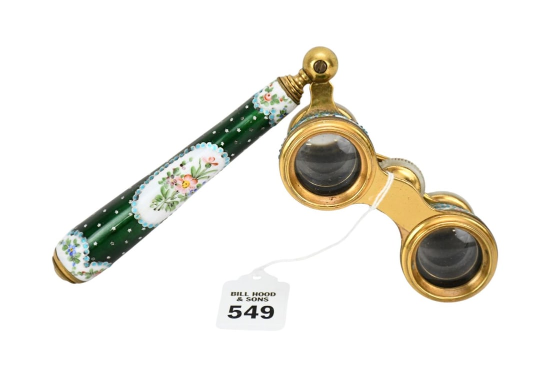 Pair of La Corona French Mother of Pearl & Enamel Opera Glasses, Floral Painting on Striking Green (1 of 10)