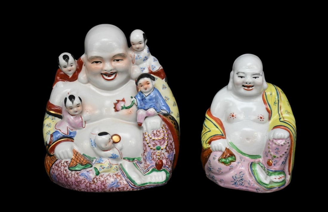 2 Chinese Porcelain Buddha Figures, 8"h x 7"w x 4 1/2"d (possible hairline crack on bottom of buddha: 2 Chinese Porcelain Buddha Figures, 8"h x 7"w x 4 1/2"d (possible hairline crack on bottom of buddha family)