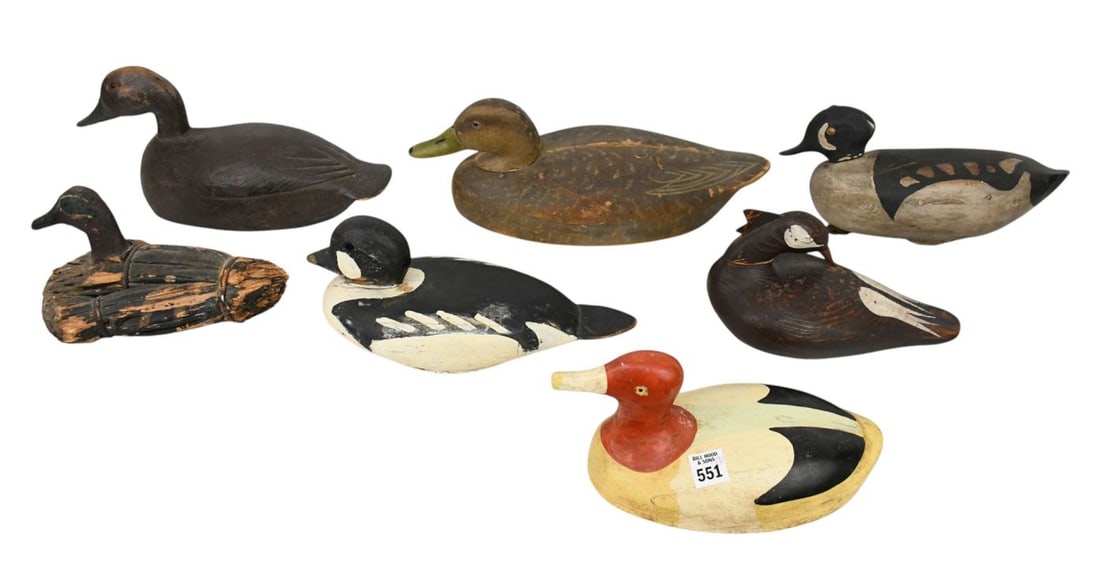 Group of 7 Vintage Wood Duck Decoys, Largest 7"h x 16"L x 6 1/2"d (1 of 13)