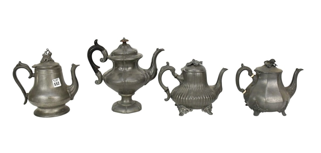 4 Pcs. Assorted Antique Pewter Teapots, Largest 10"h x 10"w (finial needs repair) (1 of 7)