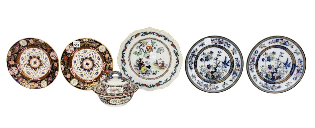 6 Antique English Tablewares, 2 Matching Plates (one with repair), 2 Matching Covered Butter Dish (1 of 13)