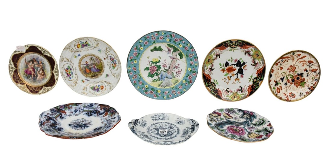 7 English Ironstone & Porcelain Plates, One Enameled, One Austria with Painted Mermaids, Largest (1 of 14)