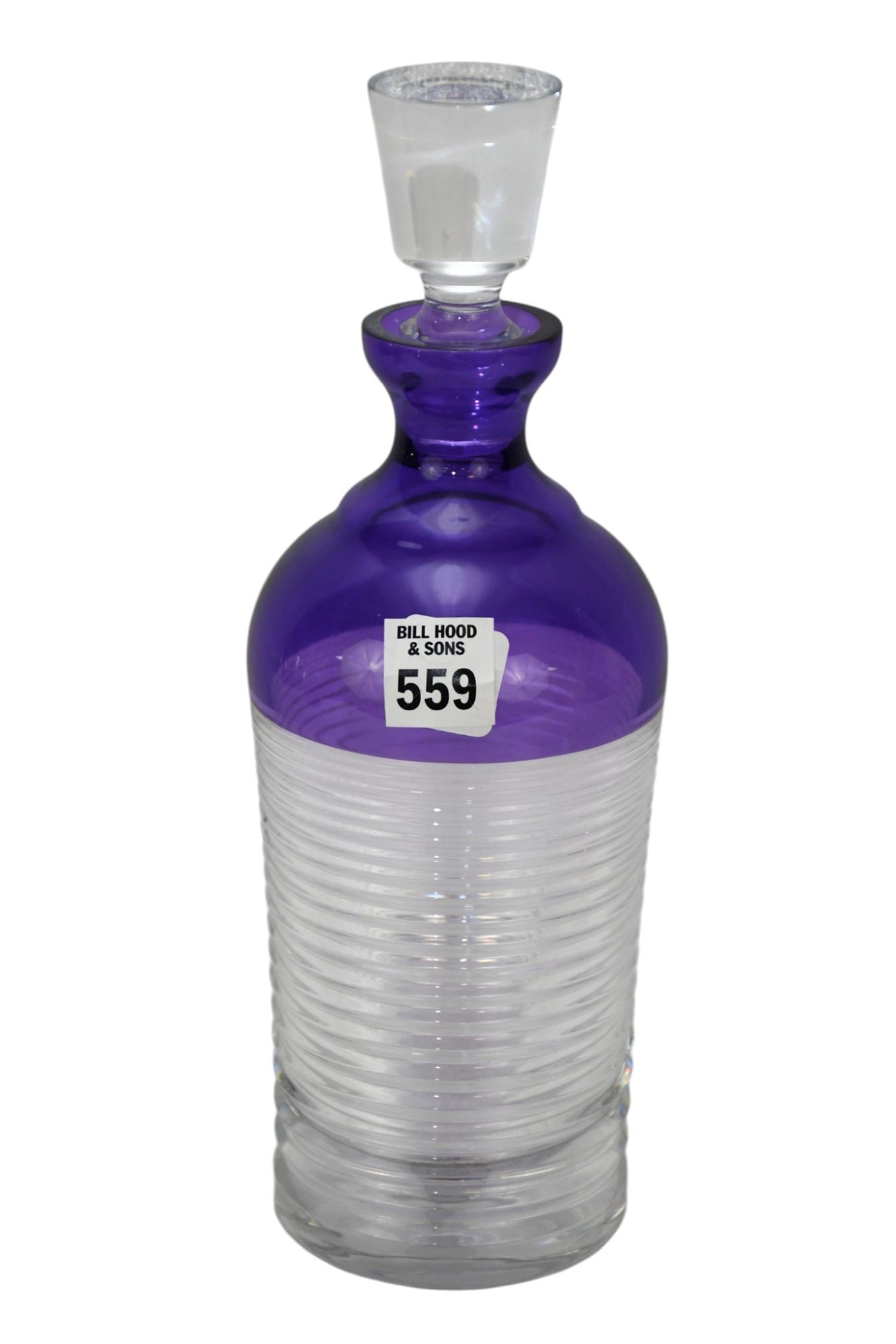Modern Waterford Crystal Decanter. Amethyst and Clear decanter with stopper. 11 inches tall by 4: Modern Waterford Crystal Decanter. Amethyst and Clear decanter with stopper. 11 inches tall by 4 inches, like new condition.