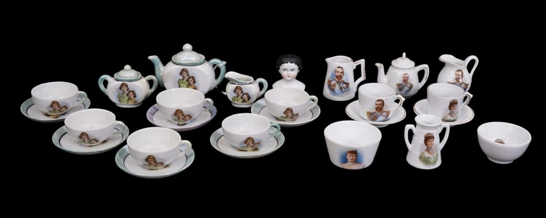 Assorted Lot of 2 Incomplete Children's Tea Sets Depicting Royalty AND Doll Head, Teapot 3"h x 3 (1 of 13)