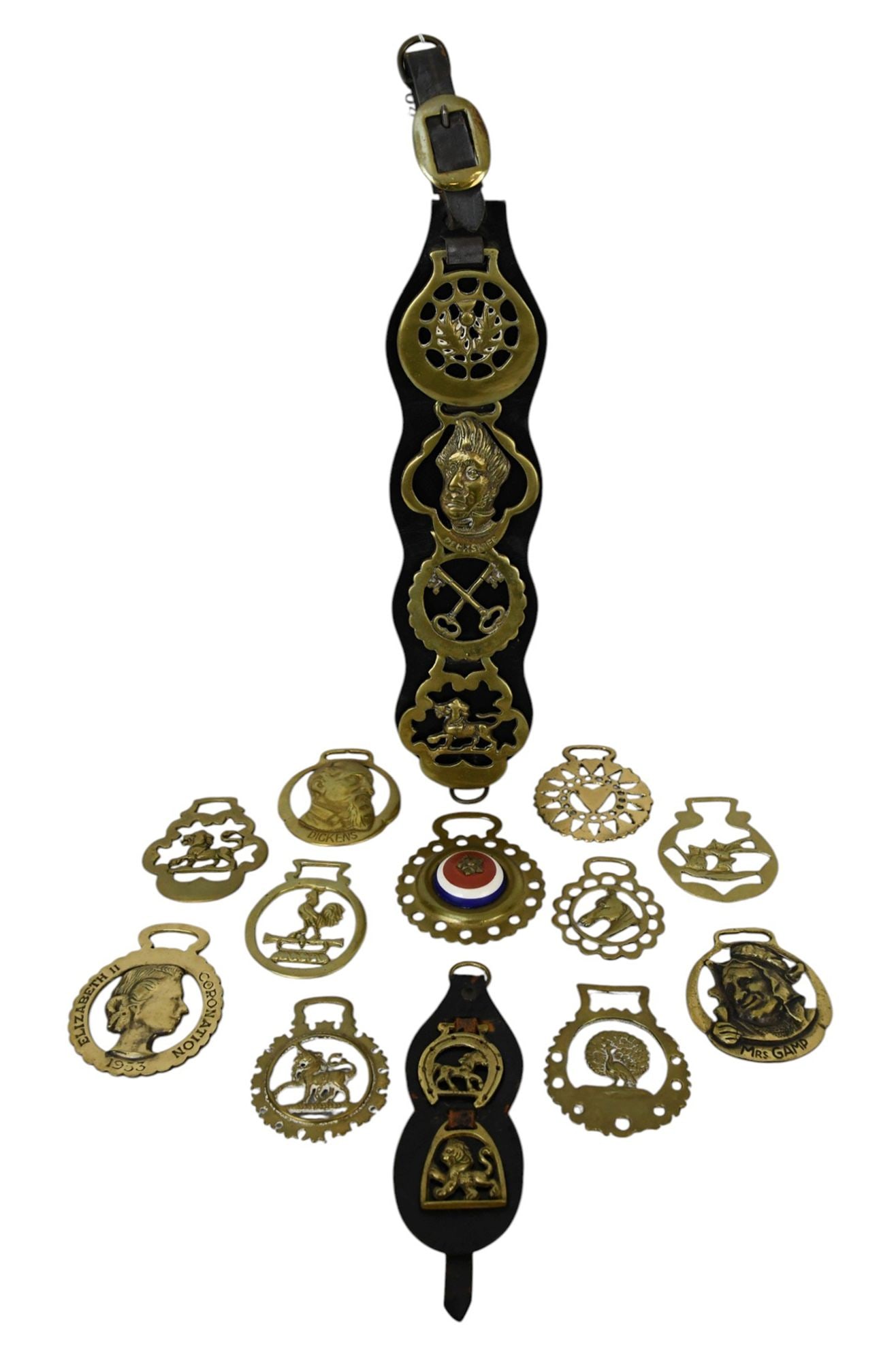 Assorted Lot Mostly English Brass Horse Medallions, Leather Stap 17"h x 3 1/2"w (1 of 9)