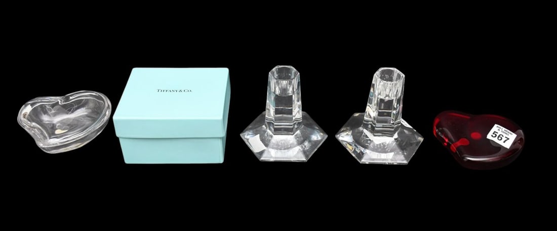 Modern Tiffany Glass Lot: Clear low candlesticks-3 1/2 inch. 4 inch red heart. 4 inch clear heart: Modern Tiffany Glass Lot: Clear low candlesticks-3 1/2 inch. 4 inch red heart. 4 inch clear heart with removable top. Famous Tiffany Box made of porcelain- 4 1/2 inches wide by 2 1/2 inches tall.