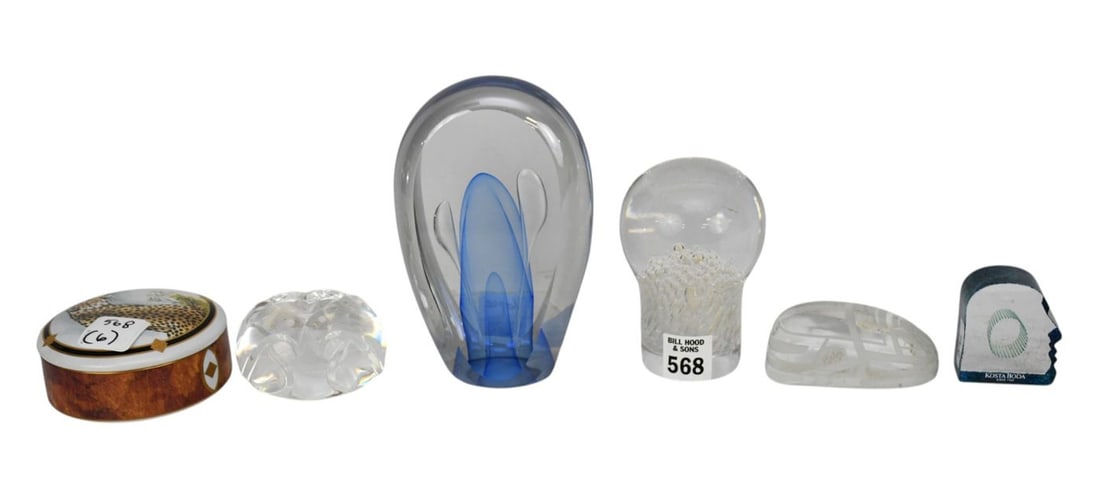 Paperweight Lot: Largest 6 inches tall by 4 inches wide has a blue interior. Swedish clear bubble: Paperweight Lot: Largest 6 inches tall by 4 inches wide has a blue interior. Swedish clear bubble interior- 4 1/2 inches tall by 3 inches wide. Small beetle 3 inches. Small Steuben crab- 2 inches