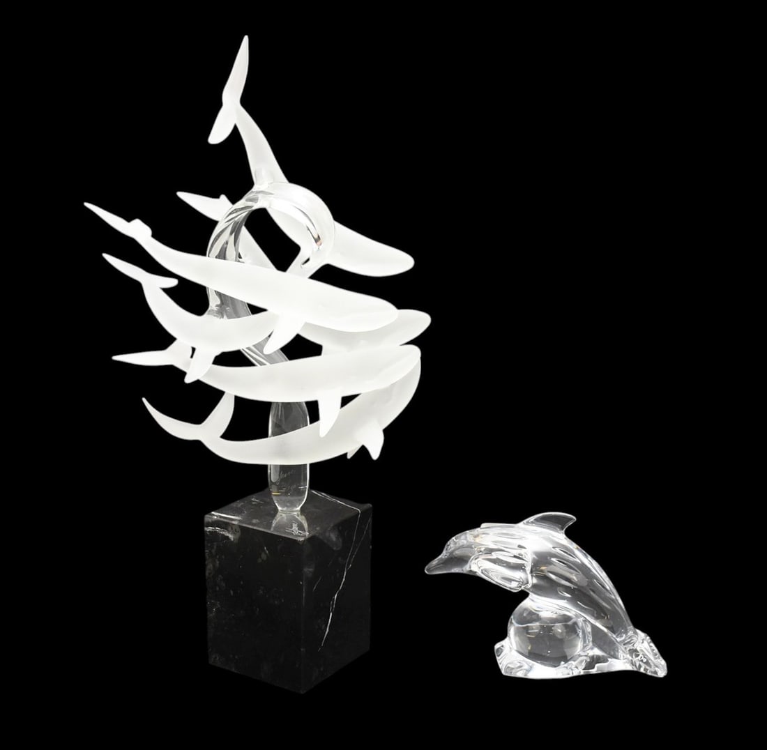 Le Jean signed Glass/crystal dolphin sculpture on marble base-16 inches tall by 7 inches wide, sold: Le Jean signed Glass/crystal dolphin sculpture on marble base-16 inches tall by 7 inches wide, sold with small glass/crystal Galway dolphin sculpture.