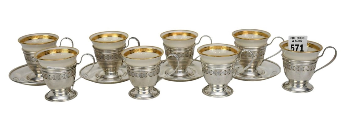 8 Sterling Reticulated demitasse Holders with Lenox Porcelain Cups, (4 have no underplates) (1 of 6)