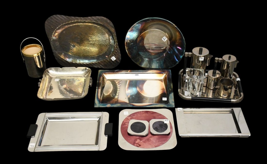 Large Lot of 20th Century Italian and French Silver Plate Modern Tea set & Modern trays. Couple of: Large Lot of 20th Century Italian and French Silver Plate Modern Tea set & Modern trays. Couple of them are handmade, couple of the makers marks- Cassadi, Alessi , Royal BB, Montagnani, COUZON and oth