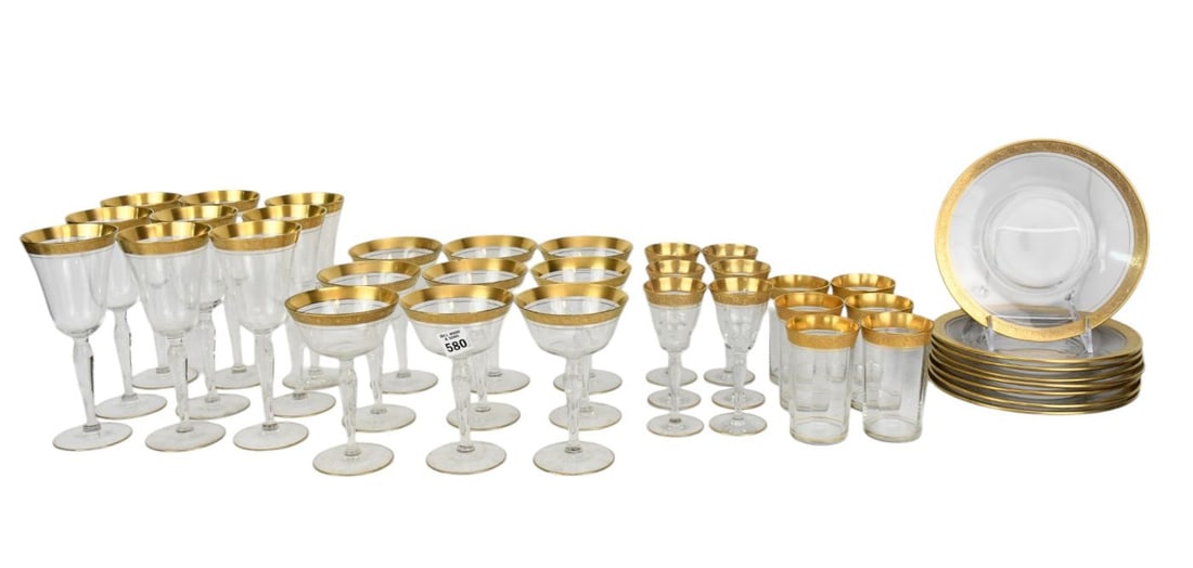 Vintage Crystal Tablewares, 8 Dessert Plates AND 30 Assorted Glasses with Gold Rims, 4 Assorted Size (1 of 10)