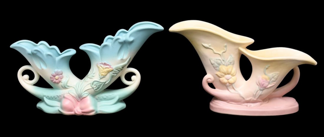 2 American Hull Pottery Vases in Cornucopia Shape, Pink & Blue, 8"h x 13"w (1 of 7)
