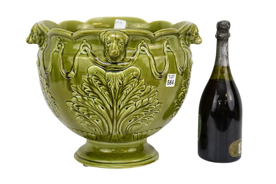 Majolica Style Green Glazed Jardini?re, 11"h x 12"dia: Majolica Style Green Glazed Jardini?re, 11"h x 12"dia