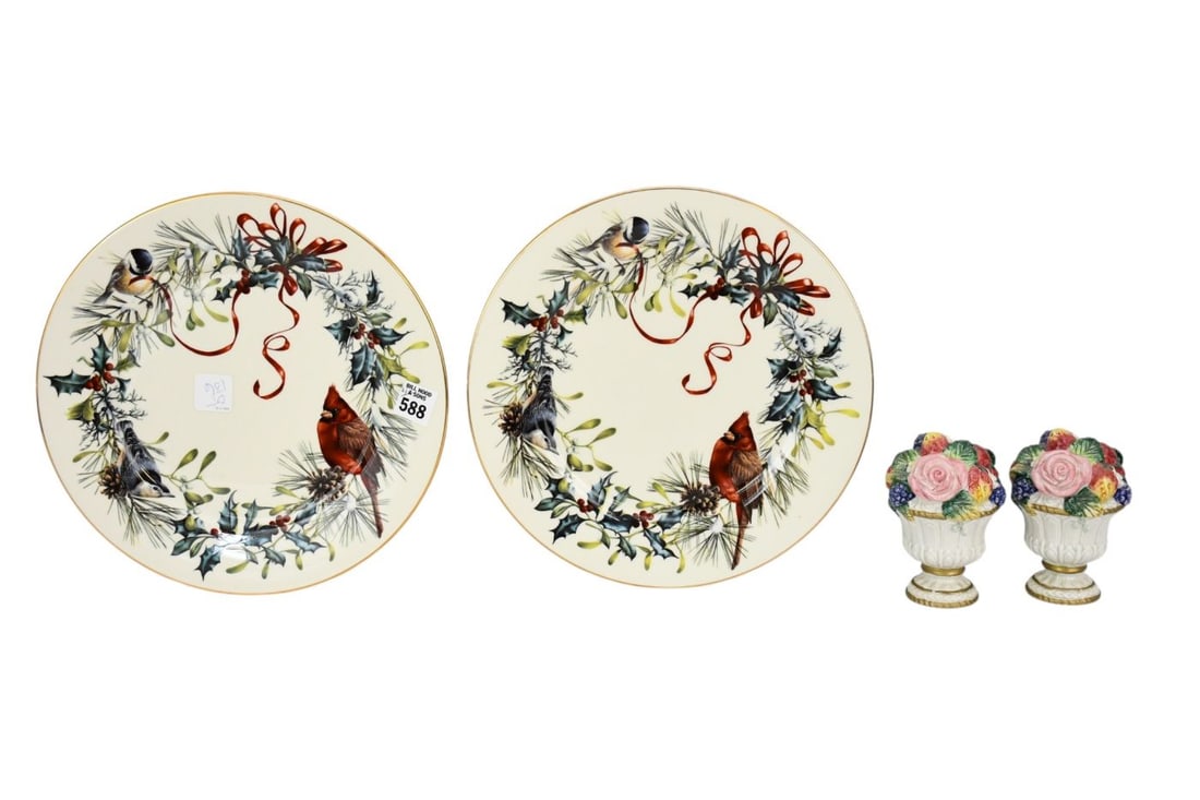 4 Porcelain Tablewares, Pair Salt & Pepper Shakers AND 2 Lenox Christmas Plates (10 3/4"dia) (1 of 5)