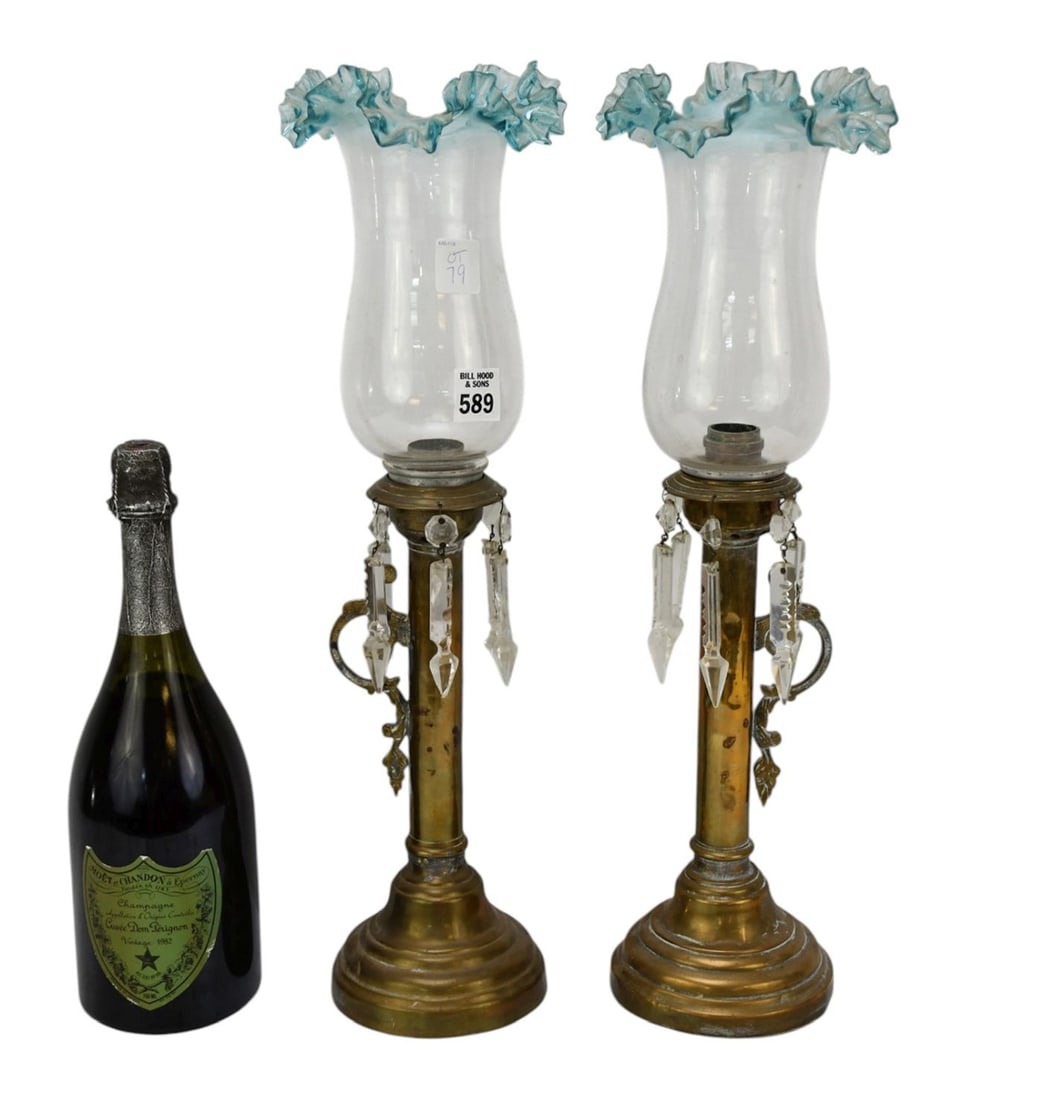 Pair Brass Antique Candleholders with Fluted Glass Shades & Blue Rims, 18"h (1 of 3)