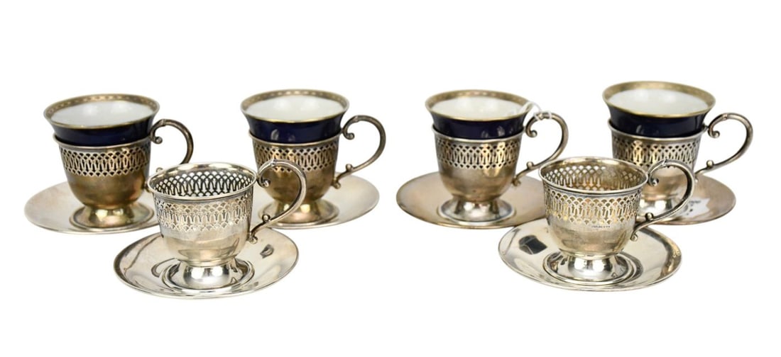 6 Sterling Silver Demitasse Reticulated Holders with 4 Lenox Demitasse Cups and Saucers (1 of 8)