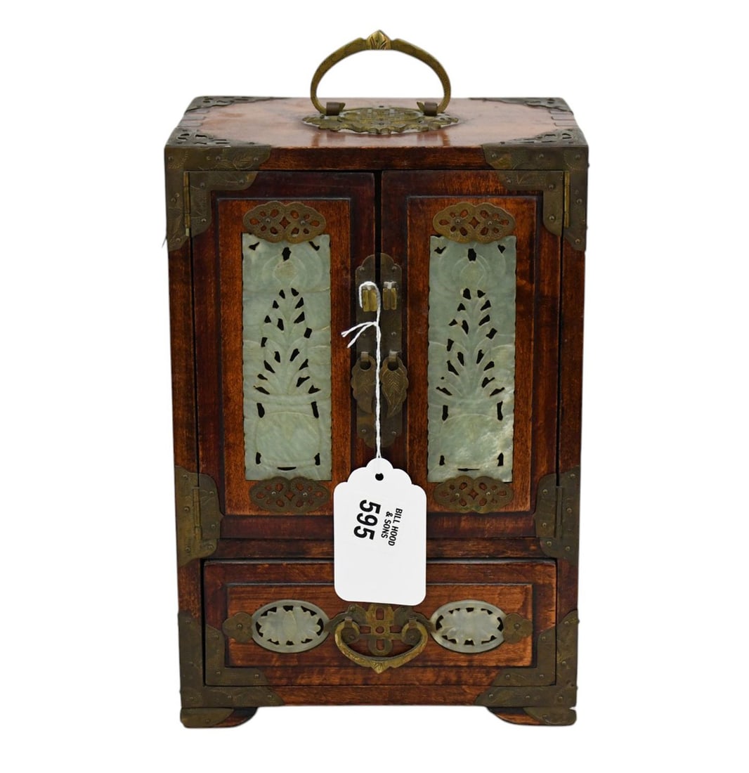 Chinese Jewelry Chest with 4 Interior Drawers, Jade Panels with Brass Mounts, 11"h x 7 1/2"w x 6"d: Chinese Jewelry Chest with 4 Interior Drawers, Jade Panels with Brass Mounts, 11"h x 7 1/2"w x 6"d