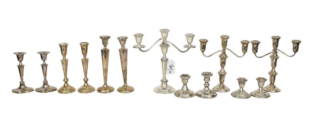 Grouping of Assorted Weighted Silver Candlesticks, Tallest 11"h x 9"w (1 of 6)