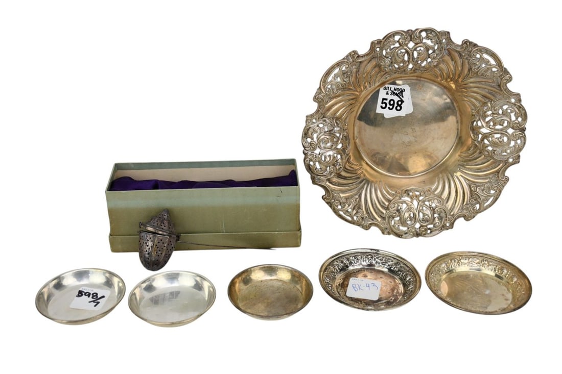 Sterling Tablewares, Bowl, 5 Coasters and Tea Strainer, 8 ozt, Bowl 1 1/4"h x 7 1/4"dia (1 of 8)