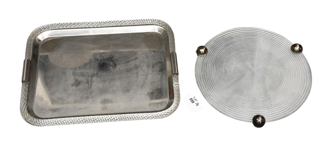 2 Trays, Rectangular Montagani Italy with Glass Rope Style Border, 19"w x 14 1/2"d, AND Mid Century: 2 Trays, Rectangular Montagani Italy with Glass Rope Style Border, 19"w x 14 1/2"d, AND Mid Century Circular Crystal Platter with Metal Ball Feed, 14 1/2" dia.