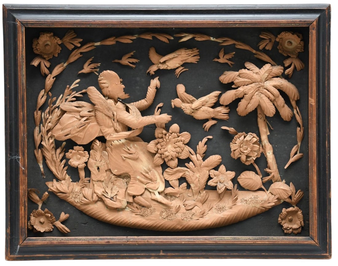 19th c. Paper Cutting In Shadow Box Frame, Figure in floral Landscape with Birds in Flight, 12 1/2"h (1 of 8)