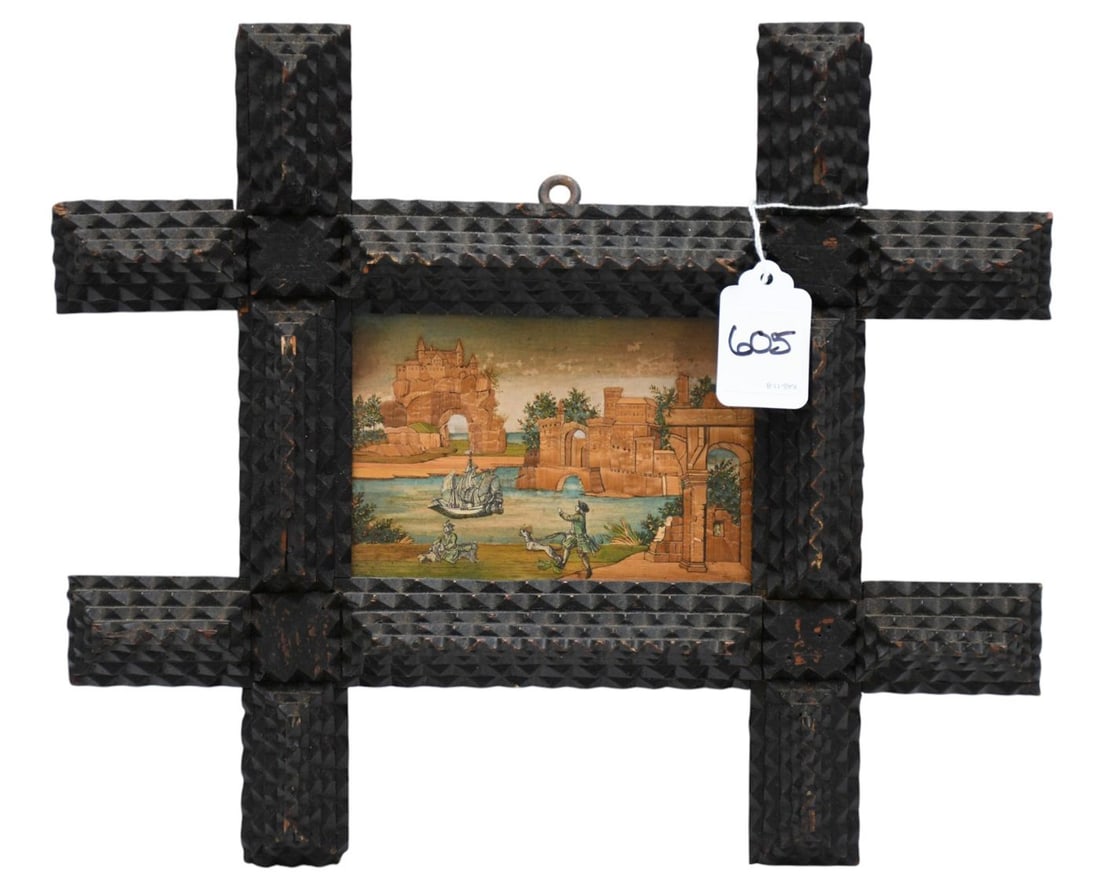 19th Century Black Forest Hand carved Tramp Art Frame, with Decoupage and wood veneer Castle And (1 of 4)