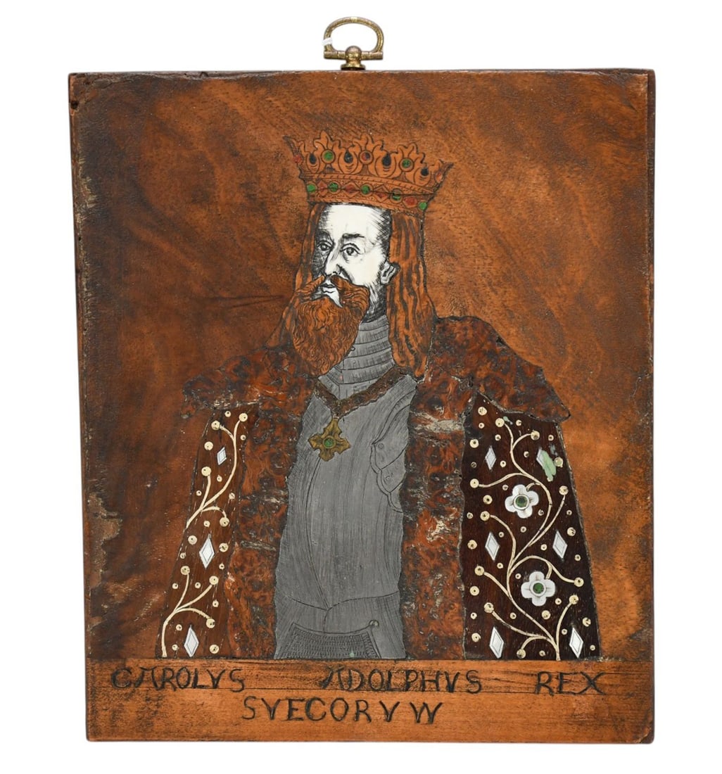 Antique 19th Century handmade wooden collage plaque Of Charles Adolphvs King Of the Swedes "Carlus (1 of 6)