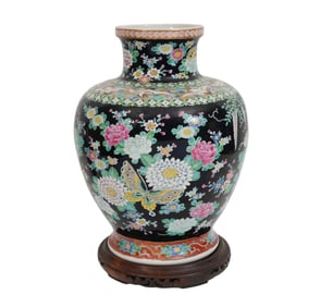 Large Famille Noir Chinese Vase, Flora & Fauna Motif on Black Ground, 17"h x 11"w
