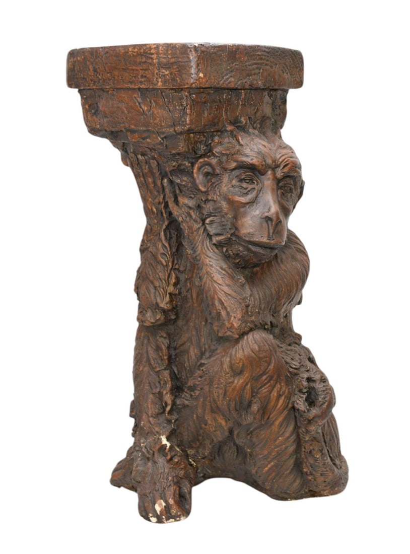 Vintage Monkey Plaster Pedestal, 22"h x 12"w (repair to foot): Vintage Monkey Plaster Pedestal, 22"h x 12"w (repair to foot)