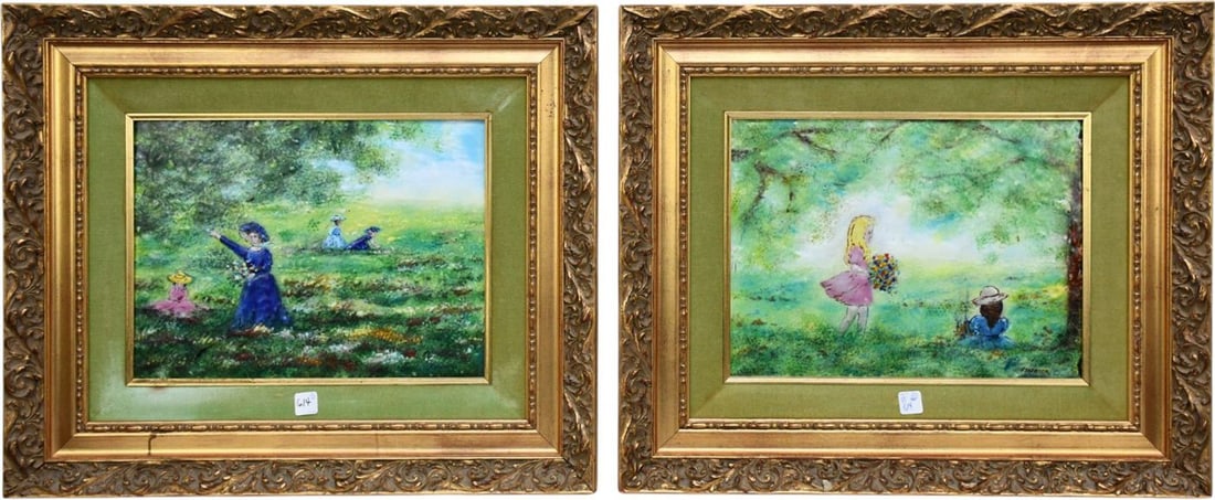 2 Enamel on Copper Landscape paintings With Children picking flowers signed Esterida in matching (1 of 6)