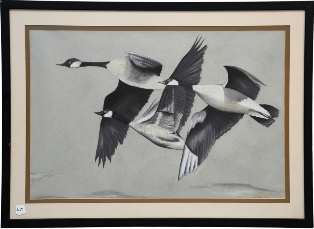 Pastel Painting of Geese Flight By Ed Arnold signed lower left and dated 69 Overall frame size 26.5 (1 of 5)